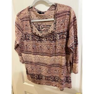 Chaps Women's Paisley Print Peasant Blouse Boho tie front 3/4 sleeve 1X